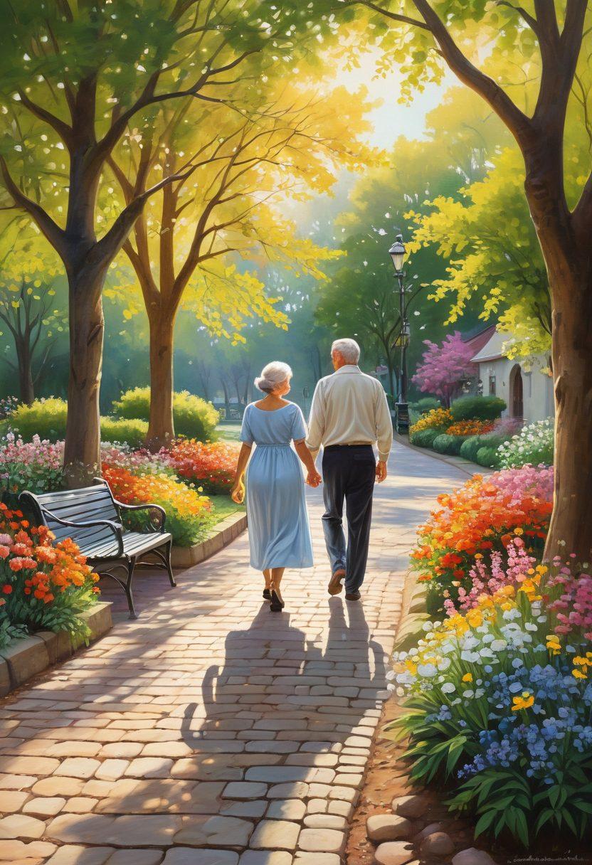 A serene, sunlit park scene with a diverse couple holding hands and walking along a cobblestone path, surrounded by blooming flowers and trees. In the background, a bench with an older couple sharing a joyful moment, symbolizing long-lasting love. Gentle, warm light enhances the romantic ambiance. painting. vibrant colors.