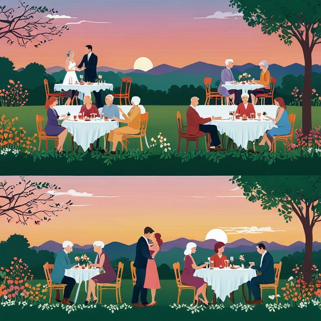 A whimsical timeline illustration featuring couples at different stages of love: first dates in a cozy cafe, a romantic sunset proposal, a grand wedding ceremony, and a harmonious elderly couple holding hands in a garden. Each scene is connected by a flowing, continuous ribbon symbolizing the journey of love. vibrant colors. vector art.