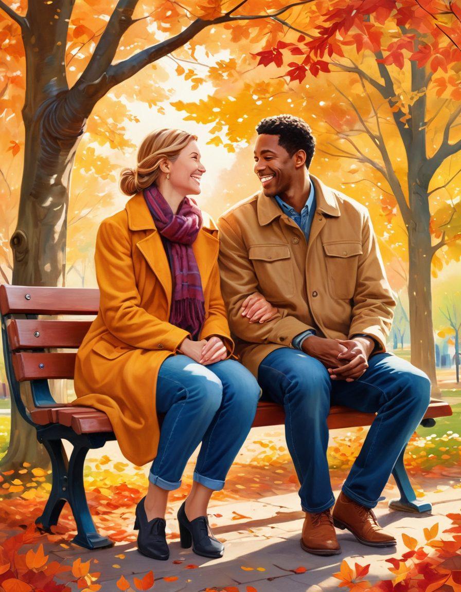 A happy couple sitting on a park bench, sharing a heartfelt conversation with genuine smiles and warm body language, while holding hands. Surround them with vibrant autumn leaves that symbolize change and growth. Include soft sunlight filtering through the trees, emphasizing a serene and intimate atmosphere. illustration. vibrant colors. detailed expressions.